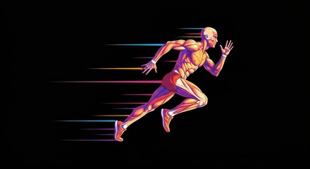 Dynamic illustration of a muscular runner in mid-stride with motion blur