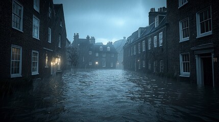 Fototapeta premium Realistic Photography of Flooded Streets in Urban Environment at Night with Dim Lighting and Reflection on Water Surface