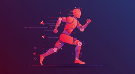 Futuristic red robotic humanoid running with geometric shapes and linear elements