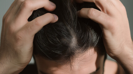 Fototapeta premium Man running hands through hair showing signs of balding and hair loss