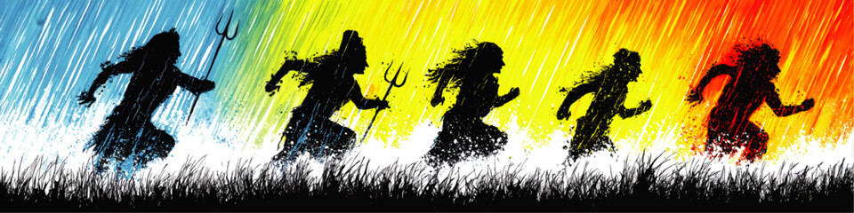Dynamic Vector Illustration of Running Silhouette Figures Holding Tridents in Vibrant Multicolor Gradient with Grass and Rain Artistic Abstract Graphic Design