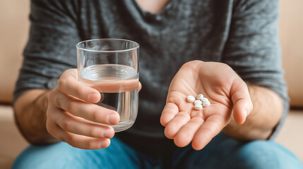 Man holding pills and glass of water getting ready to take medicine