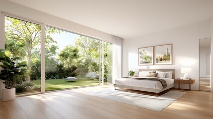 Fototapeta premium Sunlit bedroom with a green garden view