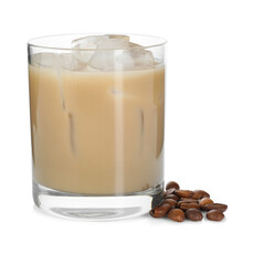 Coffee cream liqueur in glass and beans isolated on white