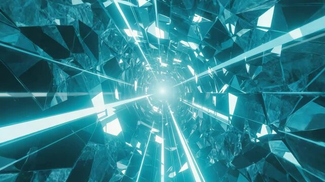 Abstract blue kaleidoscope tunnel animation with geometric mirrored shapes and light rays for backgrounds and design elements