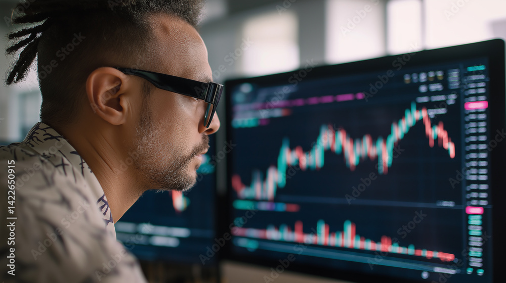 Poster Stockbroker analyzing graphs on multiple computer screens in office