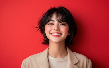 Fototapeta premium A woman with a smile on her face is wearing a white jacket