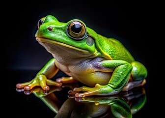 Obraz premium Green Frog Closeup, Black Background, Copy Space, AI Photo