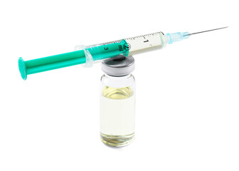 Hepatitis vaccine in glass vial and syringe isolated on white