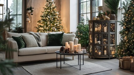 Christmas Interior with Decorated Tree and Cozy Furniture for Festive Home Decor