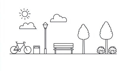 Naklejka premium Park scene bike, bench, trees, sunny day; illustration