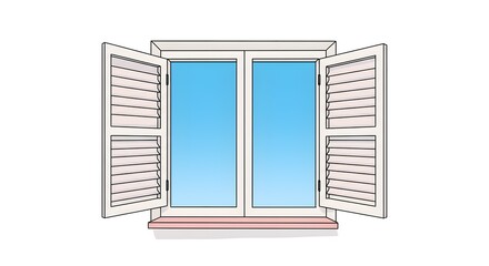 Fototapeta premium Open White Window with Shutters, Blue Sky View