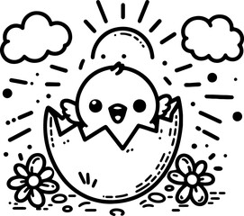 Happy Chick in Easter Egg. Spring Surprise Hatchling