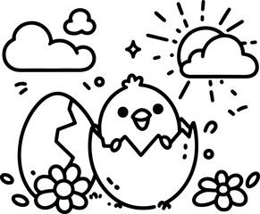 Happy Chick in Easter Egg. Spring Surprise Hatchling