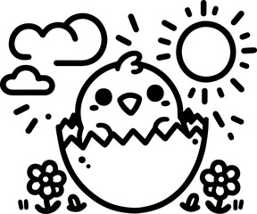 Happy Chick in Easter Egg. Spring Surprise Hatchling