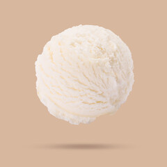 Ice cream scoop in air on beige background. Yummy dessert