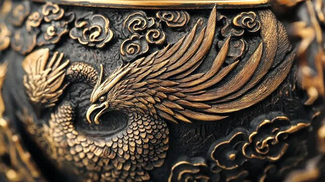 Ornate bronze pot, phoenix design, intricate carving, clouds background.  Possible use wall decor, home decor, advertising