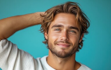 Fototapeta premium A man with a beard and short hair is smiling and posing for a picture