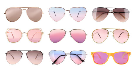 Different stylish sunglasses on white background, collage. Fashionable accessory