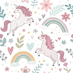 Obraz premium Whimsical Unicorns Prancing Amidst Rainbows and Flowers