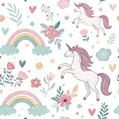 Fototapeta premium Whimsical Unicorns with Pastel Rainbows and Flowers