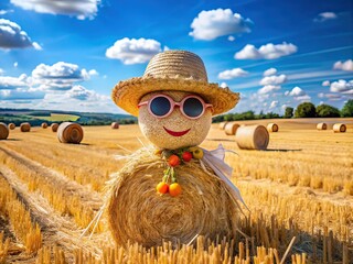 Happy Straw Doll, Summer Harvest Field, AI Photo