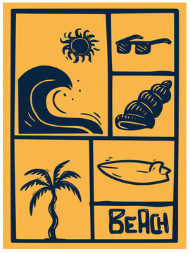 Hand-drawn beach illustration featuring wave, sun, sunglasses, seashell, palm tree, and surfboard. A playful and artistic tribute to tropical surf lifestyle and summer fun.