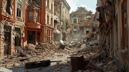 Realistic Photography of Historic Damaged Sites in Urban Landscape Displaying the Impact of Destruction and Nature's Wrath