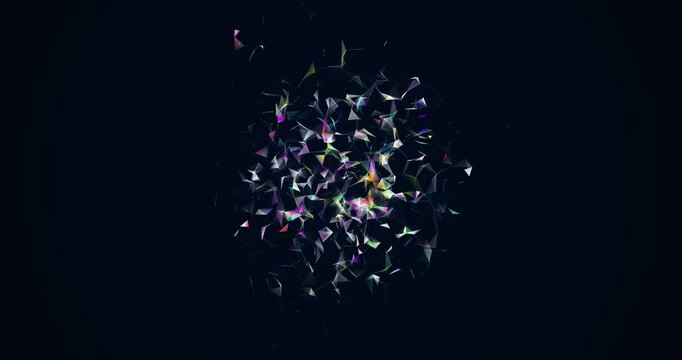 An explosion with a scattering of triangular translucent sparkling fragments. Background for logo animation. Plexus.