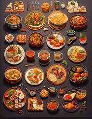 An assortment of various dishes and cuisines displayed on a dark surface