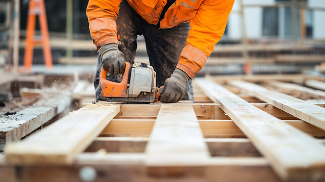 Construction Worker Using Circular Saw on Wooden Beams