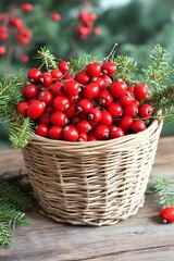 Red Rosehips in Rustic Wicker Basket Winter Berries Festive Still Life