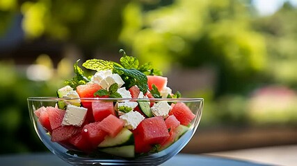 Fresh watermelon salad with mint and feta cheese, served outdoors in a vibrant garden setting