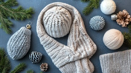 Cozy Knitted Winter Accessories for a Warm Feel, Featuring a Scarf, Hat, and Decorative Elements on a Textured Surface