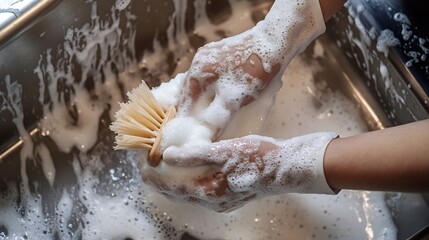 Fototapeta premium Gloved hands scrubbing sink brush and foamy detergent water droplets visible original background