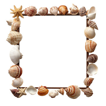 Square photo frame decorated with seashells isolated on white background
