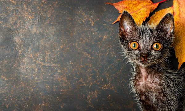 Rare Lykoi Kitten With Striking Yellow Eyes and Autumn Leaves in Rustic Setting