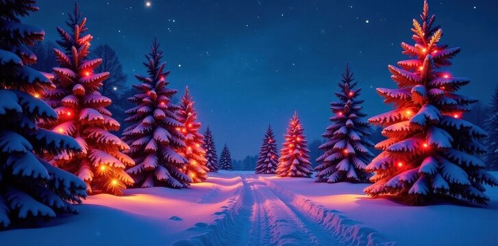Magical winter scene, illuminated trees, photo booth area , snow, stock, backdrop