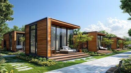 Fototapeta premium Realistic Eco-Friendly Modular Homes with Natural Surroundings and Scenic Outdoor Spaces