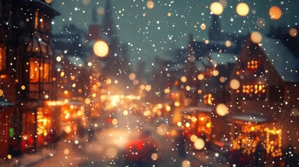 Festive holiday street scene evokes warm nostalgic emotions with bokeh and gently falling snow