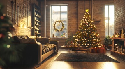 Warm Christmas Ambiance in a Cozy Loft with a Decorated Tree and Gift Boxes