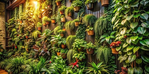 Fototapeta premium Indoor Vertical Garden Vintage Photo, Urban Jungle, Botanical Still Life, Retro Photography
