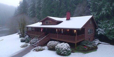 Snowy Cabin by the Lake