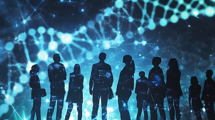 Group of Silhouetted People Against a Digital Abstract Background with DNA Strands and Data Visuals