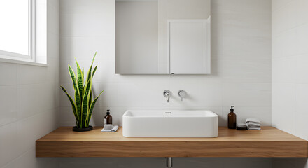 Fototapeta premium Minimalist Bathroom Vanity with Snake Plant and Light Wood Counter