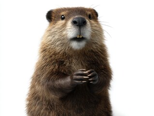 Standing beaver looking forward isolated on white background