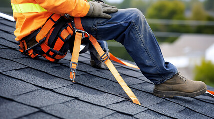 Fototapeta premium Roof Worker Installing Shingles with Safety Harness