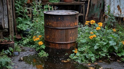 Obraz premium Captivating Rainwater Harvesting Scene with Rustic Barrel and Vibrant Yellow Flowers