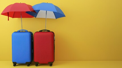 Travel essentials colorful suitcases with umbrellas against a yellow background fun concept for vacation planning