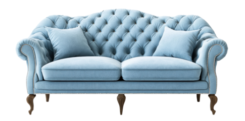 Classic blue tufted sofa, white isolate background